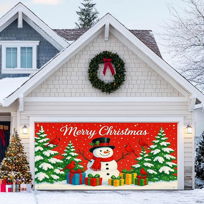 HOMETITUTE Merry Christmas Garage Door Banner 13x6ft Festive Backdrop Cheerful Snowman with Colorful Gifts Photo Prop Background for Joyful Holiday Yard Outdoor Winter Scene Display