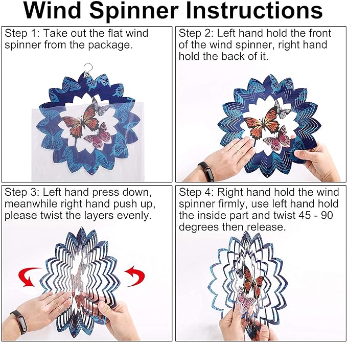 Wind Spinners Butterfly Hanging Outdoor, 12In Stainless Steel Spinfinity Wind Spinner, Blue Wind Chimes for Outside, 3D Kinetic Sculpture Suncatcher, Metal Yard Ornaments, Butterfly Garden Spinners