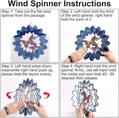 Wind Spinners Butterfly Hanging Outdoor, 12In Stainless Steel Spinfinity Wind Spinner, Blue Wind Chimes for Outside, 3D Kinetic Sculpture Suncatcher, Metal Yard Ornaments, Butterfly Garden Spinners