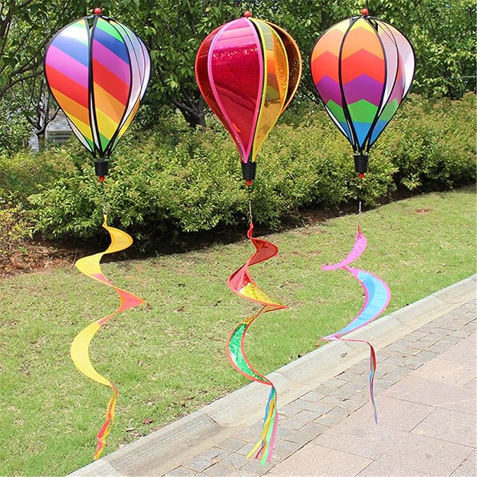 Hot Air Balloon Windmill Spinner Rainbow Windsock Includes Curlie Tail and Colorful Kinetic Hanging Decoration for Garden Yard Outdoor Decor Toy - 3Pack