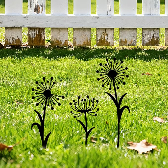 GLOBLELAND 3pcs Dandelion Mental Garden Stakes Black Silhouette Flower Decorative Yard Stakes Spring Trees Metal Outdoor Art Decor for Yard Patio Lawn Walkway Ornament