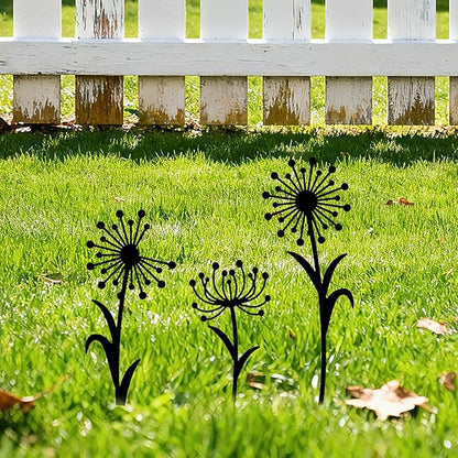 GLOBLELAND 3pcs Dandelion Mental Garden Stakes Black Silhouette Flower Decorative Yard Stakes Spring Trees Metal Outdoor Art Decor for Yard Patio Lawn Walkway Ornament