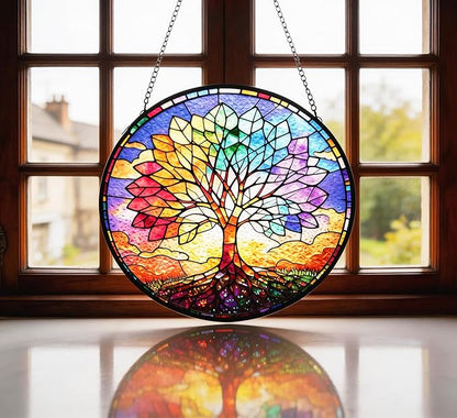 Stained Glass Window Hanging, Colorful Tree of Life Suncatcher 7.8 in Sun Catcher Boho Wall Art Decor with Chain Diamond Glass Panel Hangings Scenery Sun Catchers Decor for Lover Couple Mom
