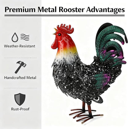 Metal Rooster Statue Chicken Decor, Rustic Farmhouse Spring Garden Yard Art, Weather Resistant Outdoor Sculpture for Patio Lawn Backyard, Ideal for Home Kitchen Decor