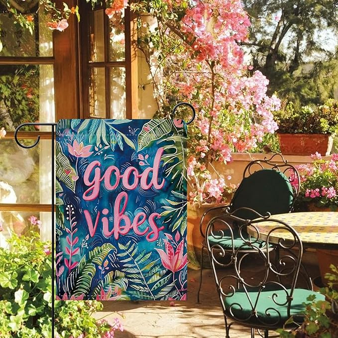 Dyrenson Good Vibes Good Tropical Plant Decorative Garden Flag, Motivational Pink Flower Leaves Yard Outside Home Decoration, Botanical Floral Burlap Outdoor Small Decor Double Sided 12 x 18