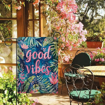 Dyrenson Good Vibes Good Tropical Plant Decorative Garden Flag, Motivational Pink Flower Leaves Yard Outside Home Decoration, Botanical Floral Burlap Outdoor Small Decor Double Sided 12 x 18