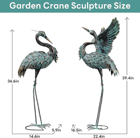 Garden Statues Large Metal Crane Sculptures, Outdoor Heron Metal Statue Yard Art for Garden Decor, Realistic Bird Art for Outdoor Decor, Standing Lifelike, Water&Rust-Proof, Set of 2 Bronze