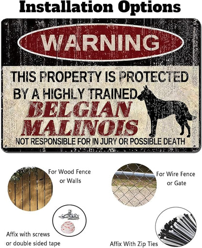 Vintage Belgian Malinois Metal Sign Warning This Property is Protected by Highly Trained Belgian Malinois Yard Sign Outdoor Home Wall Decor 12x8Inch