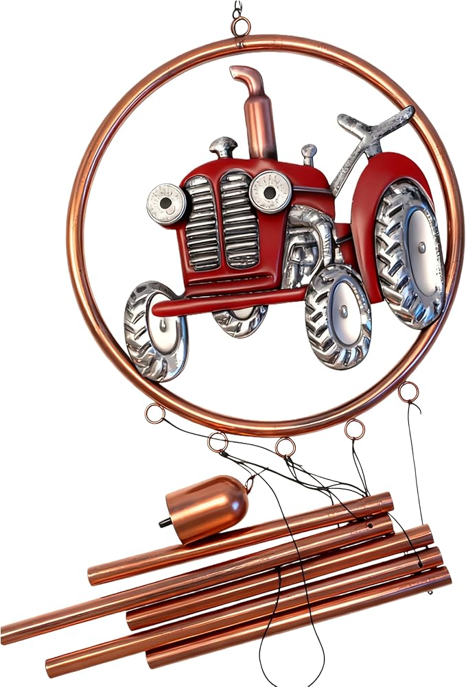 41.34″ Long Vintage Farm Tractor Wind Chimes for Outdoors - Hand-Painted Red Metal Art for Garden, Patio, Porch - Unique Nostalgic Gift for Dad, Grandpa, Farmers & Childhood Memory Decor