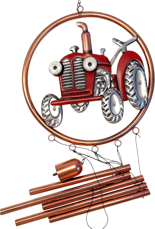 41.34″ Long Vintage Farm Tractor Wind Chimes for Outdoors - Hand-Painted Red Metal Art for Garden, Patio, Porch - Unique Nostalgic Gift for Dad, Grandpa, Farmers & Childhood Memory Decor