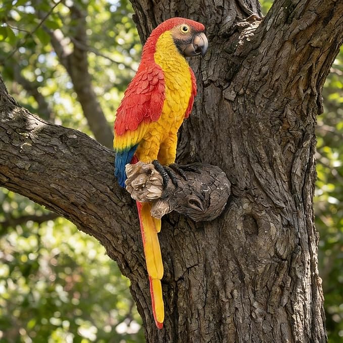 Hanging Parrot Statue Outdoor Decor for Garden, 13.6" Fairy Yard Wall Mount Figurines Home Tropical Parrot Sculptures for Lawn Patio Front Porch Backyard Fence (Red)