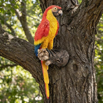 Hanging Parrot Statue Outdoor Decor for Garden, 13.6" Fairy Yard Wall Mount Figurines Home Tropical Parrot Sculptures for Lawn Patio Front Porch Backyard Fence (Red)