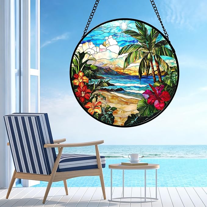 DASTOLL Stained Glass Window Hanging, Blue Beach Scenery Suncatcher Diamond Glass Panel Hangings Sun Catchers Decor for Birthday for Women, Men, Wife, Aunt, and Mom 7.8 in