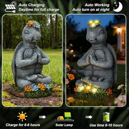 Meditating Turtle Garden Statue with Solar LED Lights - Zen Yoga Turtle Figurine with Succulents, 8.7-Inch Resin Garden Decor, IP65 Waterproof Outdoor Sculpture, Unique Birthday Gifts for Women Mom
