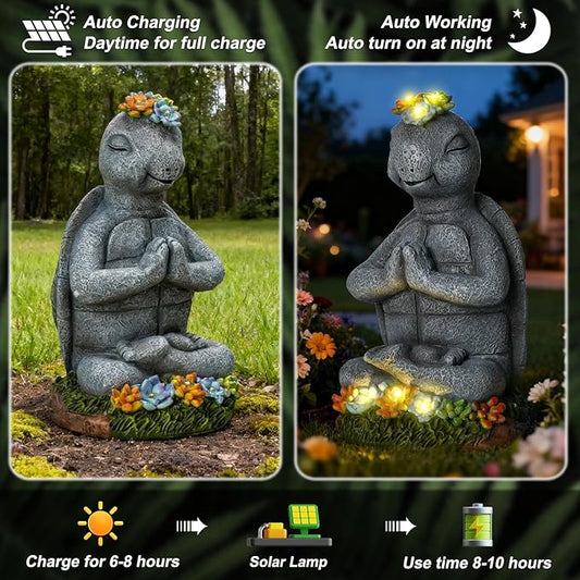 Meditating Turtle Garden Statue with Solar LED Lights - Zen Yoga Turtle Figurine with Succulents, 8.7-Inch Resin Garden Decor, IP65 Waterproof Outdoor Sculpture, Unique Birthday Gifts for Women Mom