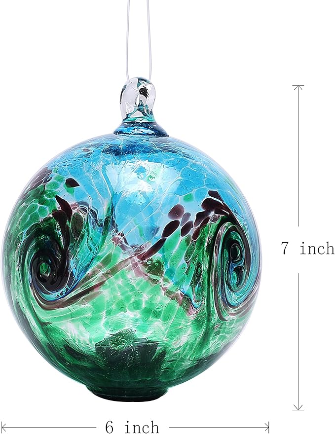 6-Inch Solar Hanging Glass Gazing Ball Outdoor Garden Décor Aqua-Green Swirl