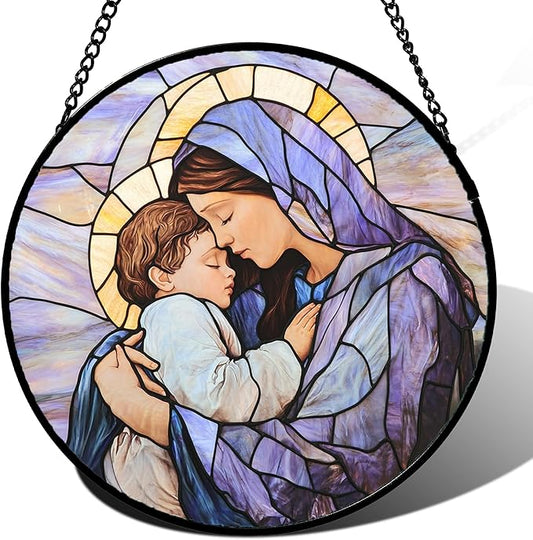 DASTOLL Christian Gifts for Women - Stained Glass Window Hanging Easter Virgin Mary Holding Jesus Sun Catcher Garden Religion Decor Mother's Day Catholic Gift for Men Grandma Nana Her Mom 9.8"