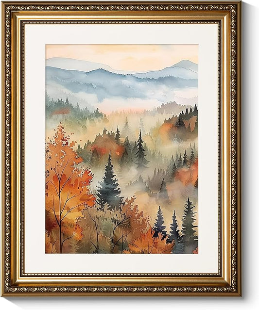 ARPEOTCY Vintage Gold Framed Wall Art, 13x16 inch Classical Fall Forest Autumn landscape Paintings, Canvas Prints Artwork with Antique Frame, Victorian Wall Picture Decor for Gallery Living Room