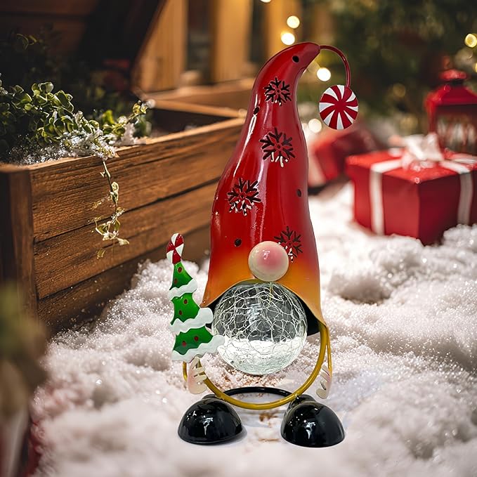 HONGLAND Christmas Decorations Outdoor Solar Gnome Yard, Color Changing LED Lights with Snowflake Hollowed-Out Hat, Cute Christmas Outdoor Decor for Garden, Patio, Pathway (Red)