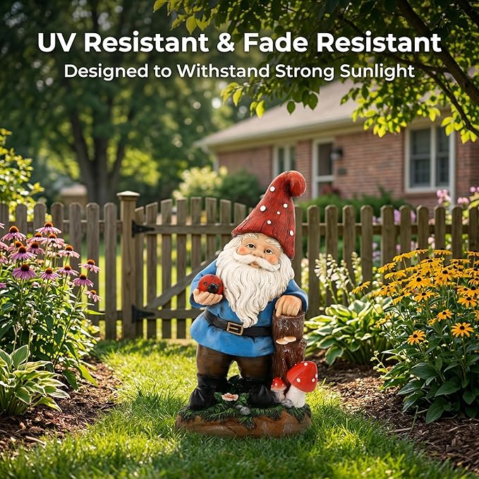 Topadorn Garden Gnome Statue LED Light Solar Energy Gnome Figurine with Ladybug on Hand Mushroom for House, Lawn Decor 11 Inch