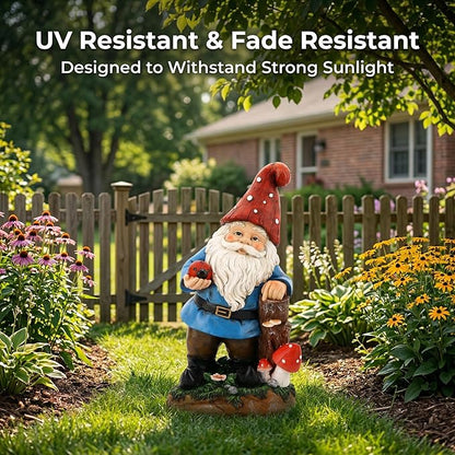 Topadorn Garden Gnome Statue LED Light Solar Energy Gnome Figurine with Ladybug on Hand Mushroom for House, Lawn Decor 11 Inch
