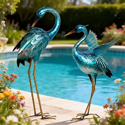 Ratuor Garden Crane Statues for Outdoor Blue Heron Metal Birds Yard Art Ornaments for Backyard Pond Patio Porch Outside Decorations