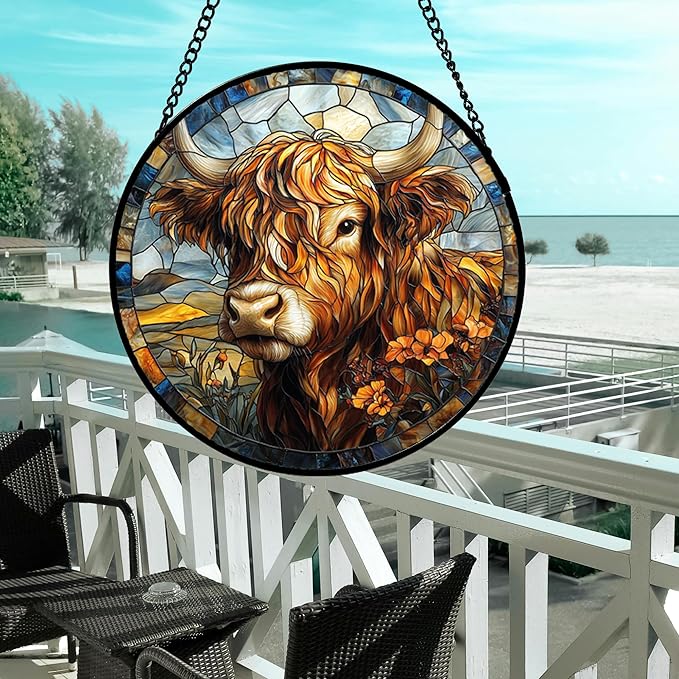 DASTOLL Stained Glass Window Hanging - Funny Cow Flower Suncatcher Ready to Hang Window Doors Home Decoration and Christmas, Mother's Day Birthday Gifts for Women, Men, and Mom 14.9x14.9 in