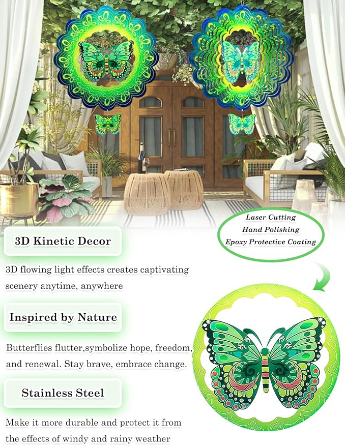 Butterfly Wind Spinners Outdoor Garden Decor for Outside - 12 Inch 3D Stainless Steel Metal Wind Spinners - Butterfly Gardening Gifts for Women, Yard Decorations Outdoor Hanging Decor