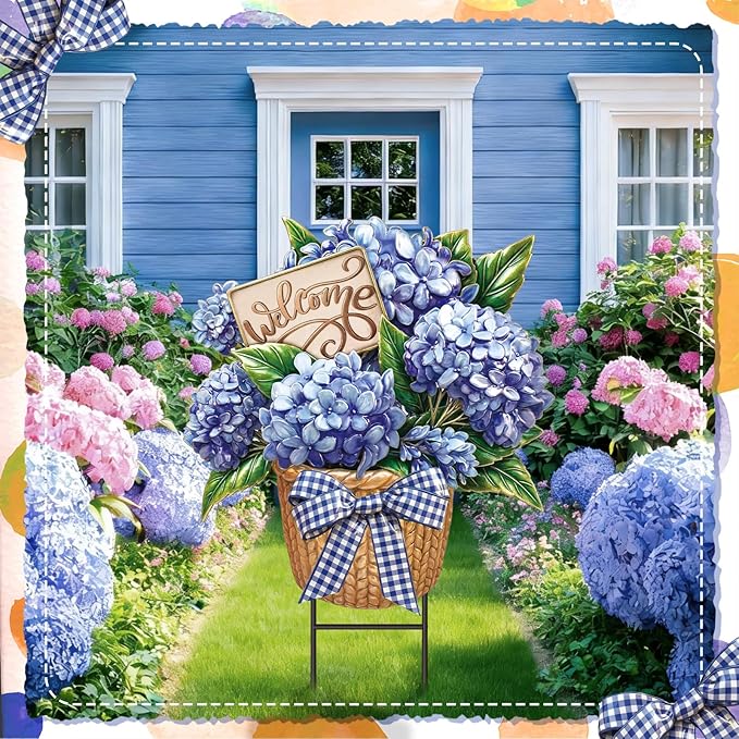 Amyhill Spring Outdoor Decor Hydrangea Metal Garden Stakes 25 Inch Decorative Hydrangea Yard Signs with Stakes Waterproof Floral Lawn Sign Welcome Outdoor Decorations for Patio Porch Lawn Backyard