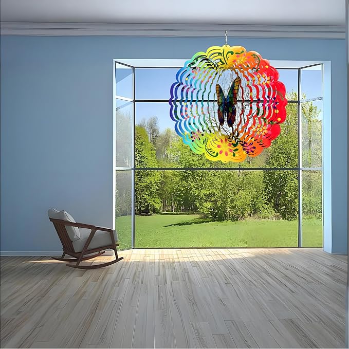 Wind Spinner, 3D Hanging Wind Spinner Ornament, Gifts for Women Mom Grandma, 12inch Metal Wind Kinetic Sculpture for Outdoor&Indoor Decor, Yard Art, Garden Decoration (Flower Butterfly)