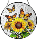 Sunflower Hanging Stained Glass for Windows, Sunflower Sun Catchers Indoor Window Glass Round Wall Decor Mother's Day, Valentine's Day Ornaments Festival Gift 7.87"