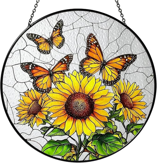 Sunflower Hanging Stained Glass for Windows, Sunflower Sun Catchers Indoor Window Glass Round Wall Decor Mother's Day, Valentine's Day Ornaments Festival Gift 7.87"