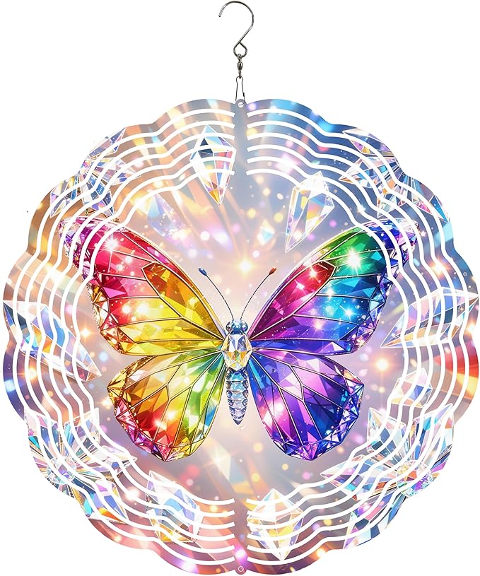 Butterfly Wind Chimes 10 x 10 Inch Hanging Garden Decor with Crystal Prism Rainbow Wing Design Aluminum Outdoor Yard Art for Patio Balcony Tree Porch Decoration Gift