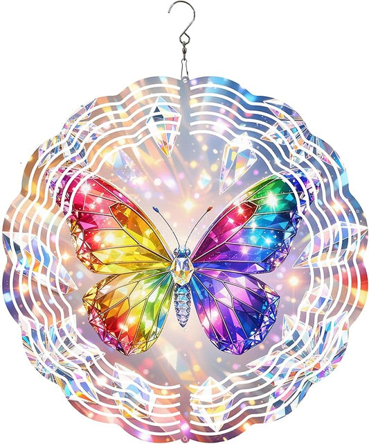 Butterfly Wind Chimes 10 x 10 Inch Hanging Garden Decor with Crystal Prism Rainbow Wing Design Aluminum Outdoor Yard Art for Patio Balcony Tree Porch Decoration Gift