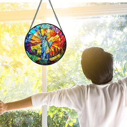 DASTOLL Stained Glass Window Hanging, Statue of Liberty Sun Catchers Diamond Glass Panel Hangings Suncatcher Decor for Birthday for Women, Men, Wife, Aunt, and Mom 15x15 in