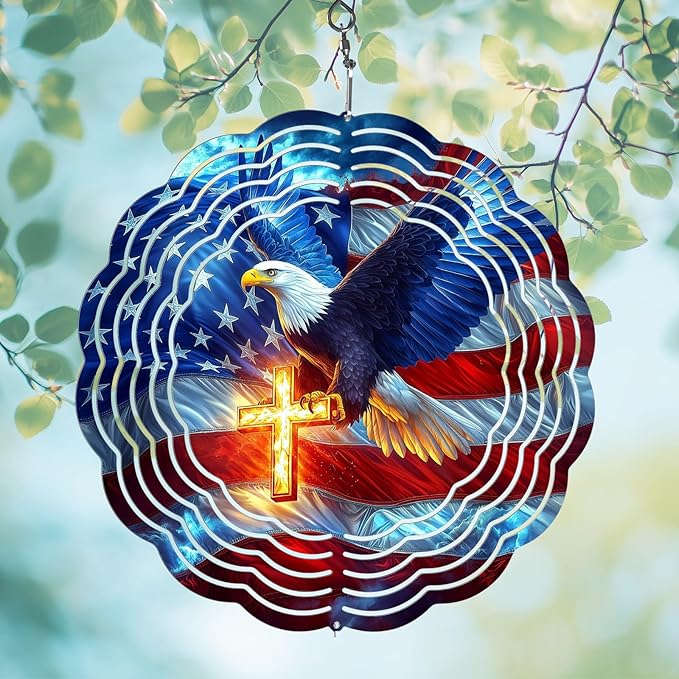 American Flag Eagle Wind Spinner Outdoor, 8 Inch 3D Metal Garden Wind Spinner, Stainless Steel Patriotic Yard Hanging Decor Gift