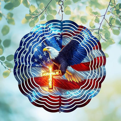 American Flag Eagle Wind Spinner Outdoor, 8 Inch 3D Metal Garden Wind Spinner, Stainless Steel Patriotic Yard Hanging Decor Gift