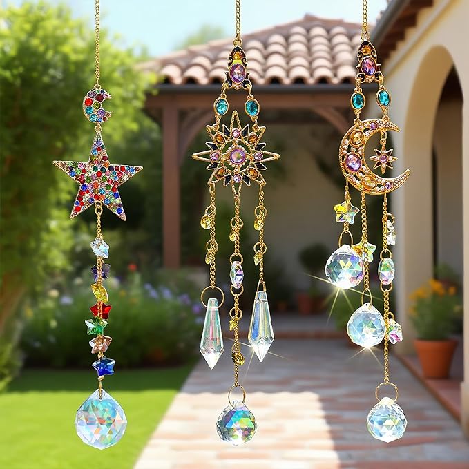 H&D HYALINE & DORA 3Pcs Sun Catchers with Crystals Glass Prisms Rhinestones Suncatcher Rainbow Maker Pendant Indoor Window Home Car Decor Gift(Star, Sun, Moon)