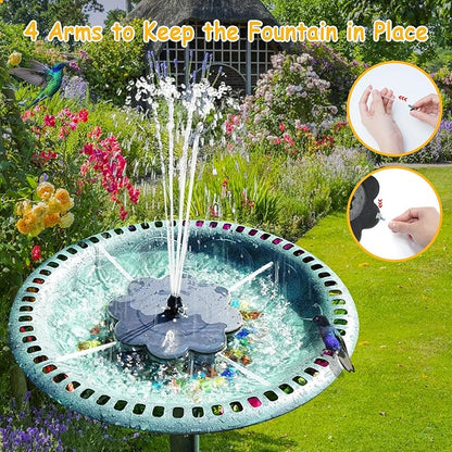 Solar Fountain, Upgrade Lucky Flower 3.5W Solar Bird Bath Water Fountain with Lights, and 2000mAh Battery, Solar Powered Hummingbird Fountain Pump with 7 Nozzles, 4 Fixed Pipes for Garden