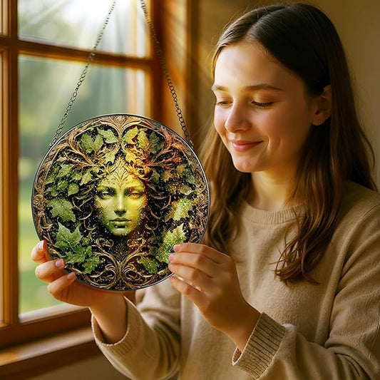 Green Man Stained Glass Suncatcher, Stained Glass Window Hanging, 8 Inch Window Decor Hanging, Gift for Garden Lovers, Mothers Day Birthday Gifts for Mom Grandma Women Sister Wife Lady Lover