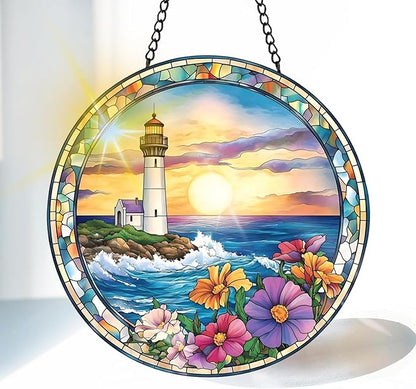 VAIIEYO Lighthouse Sun Catcher Stained Glass Window Hanging Ornament, Handmade Sun Catcher Flower Decoration with Hooks for Window Garden Home, Mother's Day & Birthday Housewarming Gift (7.8 inch)