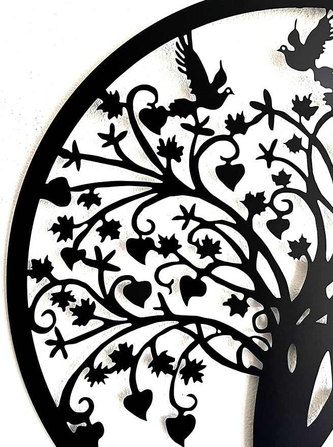 Bellaa 20193 Metal Wall Decor Tree Circle of Life Birds Nature Round Sign Indoor Living Room Rustic Art Outdoor Garden Patio Decor