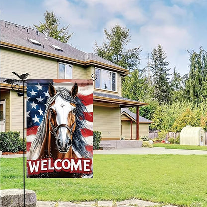 Spring Summer Garden Flag 12x18 Inch Patriotic Horse Welcome American Outdoor Western Farm Animal Design Outdoor Yard Porch Lawn for Seasonal Americana Country Home Decor