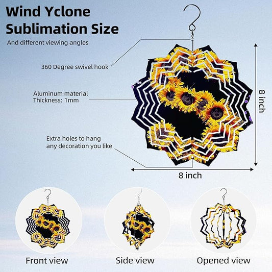 8 Inch Sublimation Wind Spinner, 3D Aluminum Metal Wind Spinner with Hook, Indoor Yard Garden Hanging Decoration, Weather Resistant Rotating Spiral Ornament, Sunflower Number 5