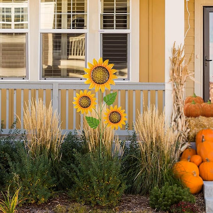 Glitzhome Thanksgiving Decorations Outdoor, 48" Metal Sunflower Yard Stake & Wall Hanging Sign for Happy Thanksgiving Autumn Fall Outdoor Decorations