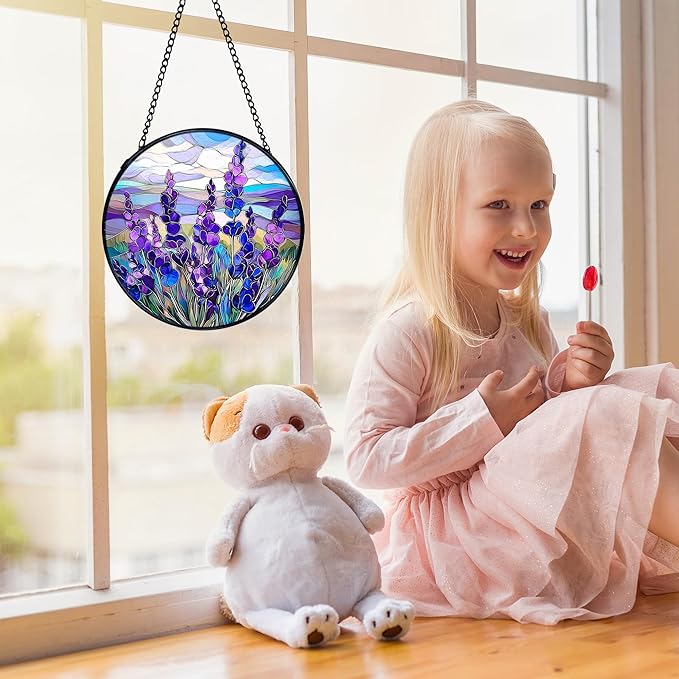 Lavender Flower Suncatchers Stained Glass Window Hanging, Flower Sun Catchers Indoor Window Glass Round Wall Decor, Purple Lavender Floral Wall Decor 7.9x7.9in
