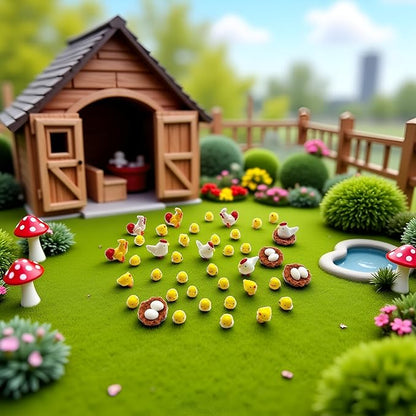 44 Pcs Miniature Family Chicken, Cock, Hen, Egg, Chicken Nest Ornament Micro Landscape Fairy Garden Décor Garden Sculptures and Statues