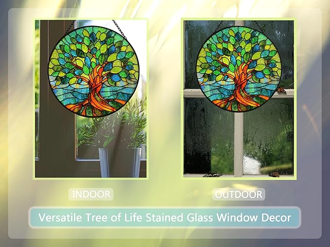 Stained Glass Window Hangings, Tree of Life with Hummingbird Suncatchers for Window, Treasured Gift for Mom, Grandma, Family and Friends (Green, 6.7x6.7 in)
