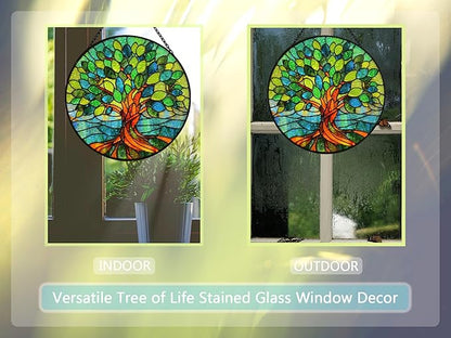 Stained Glass Window Hangings, Tree of Life with Hummingbird Suncatchers for Window, Treasured Gift for Mom, Grandma, Family and Friends (Green, 6.7x6.7 in)
