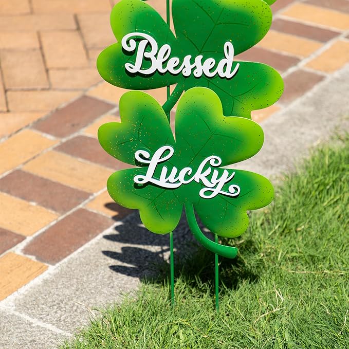Glitzhome St Patricks Day Yard Signs Outdoor Decorations, 36.75"H Metal Shamrock Garden Stakes Set of 3, Green Shamrock Sign Decor for Irish Outside Lawn Porch